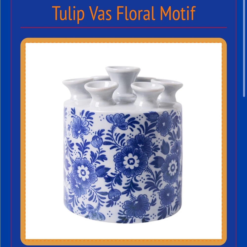 NEW HEINEN DELFTS BLAUW. Tulip Vas Floral Motif Tulipvase Blue Flowers cylinder